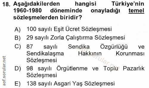 18. soru: Aşağıdakilerden hangisi Türkiye'nin 1960-1980 döneminde onayladiğı temel sözleşmelerden biridir? A) 100 sayılı Eşit Ü…