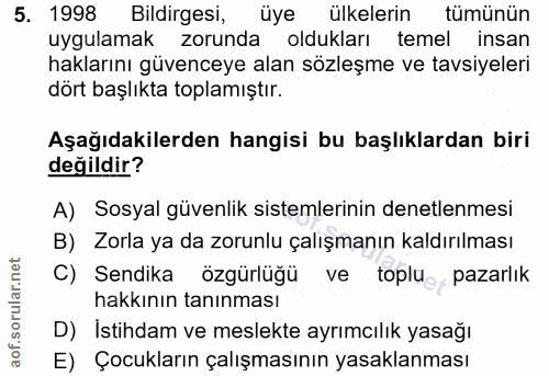 5. soru: 1998 Bildirgesi, üye ülkelerin tümünün uygulamak zorunda oldukları temel insan haklarını güvenceye alan sözleşme ve t…