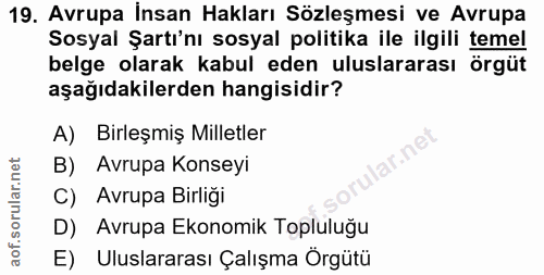 19. soru: Avrupa İnsan Hakları Sözleşmesi ve Avrupa Sosyal Şartı'nı sosyal politika ile ilgili temel belge olarak kabul eden ul…
