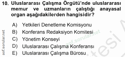 10. soru: Uluslararası Çalışma Örgütü'nde uluslararası memur ve uzmanların çalıştığı anayasal organ aşağıdakilerden hangisidir?…
