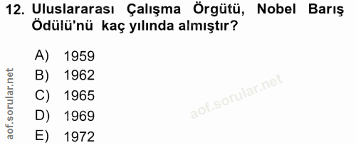 12. soru: Uluslararası Çalışma Örgütü, Nobel Barış Ödülü'nü kaç yılında almıştır? A) 1959 B) 1962 1965 D) 1969 1972