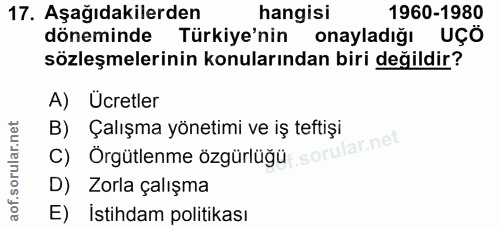 17. soru: Aşağıdakilerden hangisi 1960-1980 döneminde Türkiye'nin onayladığı UÇÖ sözleşmelerinin konularından biri değildir? A)…