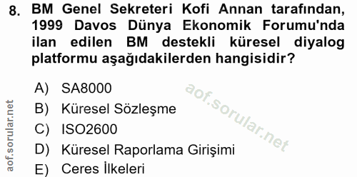 8. soru: BM Genel Sekreteri Kofi Annan tarafından, 1999 Davos Dünya Ekonomik Forumu'nda ilan edilen BM destekli küresel diyalo…
