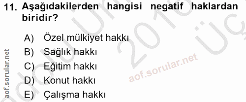 11. soru: Aşağıdakilerden hangisi negatif haklardan biridir? A) Özel mülkiyet hakkı B) Saglık hakkı C) Eğitim hakkı D) Konut ha…