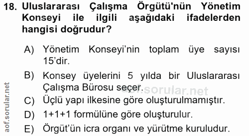 18. soru: Uluslararası Çalışma Örgütü'nün Yönetim Konseyi ile ilgili aşağıdaki ifadelerden hangisi doğrudur? A) Yönetim Konseyi…