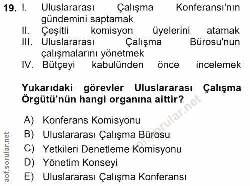19. soru: I. Uluslararası Çalışma Konferansı'nın gündemini saptamak II. Çeşitli komisyon üyelerini atamak III. Uluslararası Çal…