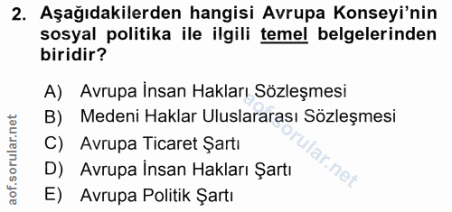 2. soru: Aşağıdakilerden hangisi Avrupa Konseyi'nin sosyal politika ile ilgili temel belgelerinden biridir? A) Avrupa Insan Ha…