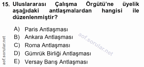15. soru: Uluslararası Çalışma Örgütü'ne üyelik aşağıdaki antlaşmalardan hangisi ile düzenlenmiştir? A) Paris Antlaşması B) Ank…