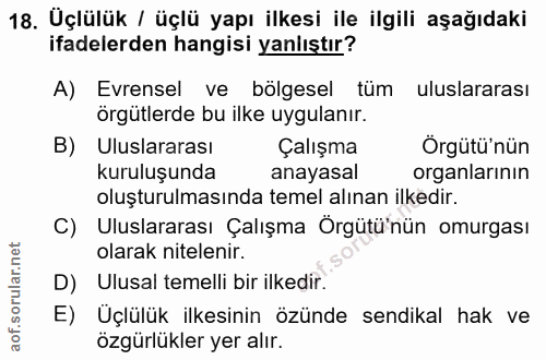 18. soru: Üçlülük / üçlü yapı ilkesi ile ilgili aşağıdaki ifadelerden hangisi yanlıştır? A) Evrensel ve bölgesel tum uluslarara…