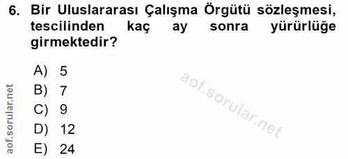 6. soru: Bir Uluslararası Çalışma Örgütü sözleşmesi, tescilinden kaç ay sonra yürürlüğe girmektedir? A) 5 B) 7 C) 9 D) 12 E) 24