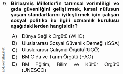 9. soru: Birleşmiş Milletler'in tarımsal verimliliği ve gıda güvenliğini geliştirmek, kırsal nüfusun yaşam standartlarını iyil…