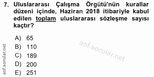 7. soru: Uluslararası Çalışma Örgütü'nün kurallar düzeni içinde, Haziran 2018 itibariyle kabul edilen toplam uluslararası sözl…