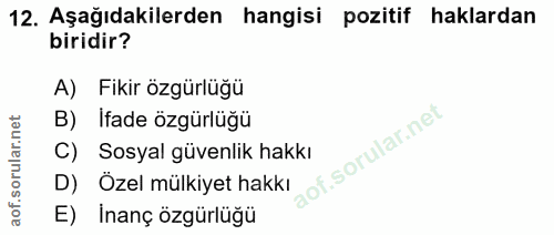 12. soru: Aşağıdakilerden hangisi pozitif haklardan biridir? A) Fikir özgürlüğü B) Ifade özgürlüğü C) Sosyal güvenlik hakkı of.…