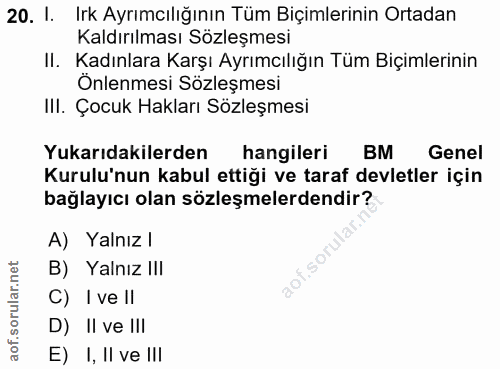 20. soru: 1. Irk Ayrımcılığının Tüm Biçimlerinin Ortadan Kaldırılması Sözleşmesi II. Kadınlara Karşı Ayrımcılığın Tüm Biçimleri…