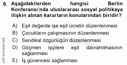 6. soru: Aşağıdakilerden hangisi Berlin Konferansı'nda uluslararası sosyal politikaya ilişkin alınan kararların konularından b…