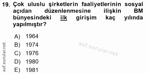 19. soru: Çok uluslu şirketlerin faaliyetlerinin sosyal açıdan düzenlenmesine ilişkin BM bünyesindeki ilk girişim kaç yılında y…