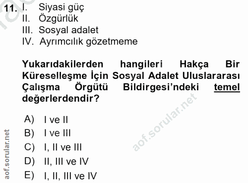 11. soru: 1. Siyasi güç II. Özgürlük II. Sosyal adalet IV. Ayrımcılık gözetmeme Yukarıdakilerden hangileri Hakça Bir Küreselleş…