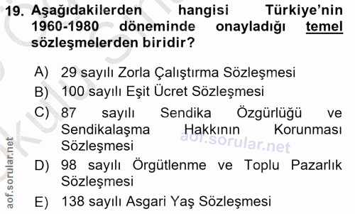 19. soru: Aşağıdakilerden hangisi Türkiye'nin 1960-1980 döneminde onayladığı temel sözleşmelerden biridir? A) 29 sayılı Zorla Ç…