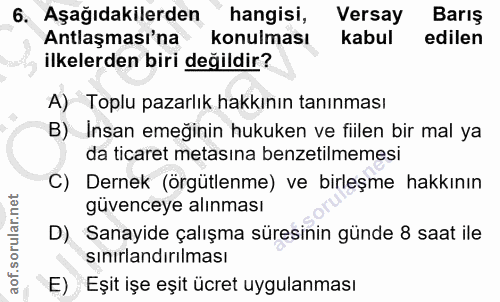 6. soru: Aşağıdakilerden hangisi, Versay Barış Antlaşmasi'na konulması kabul edilen ilkelerden biri değildir? A) Toplu pazarlı…