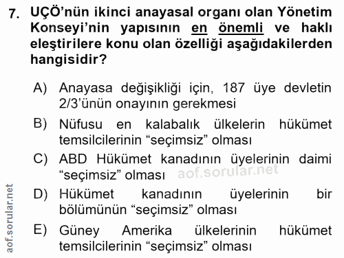7. soru: UÇÖ'nün ikinci anayasal organı olan Yönetim Konseyi'nin yapısının en önemli ve haklı eleştirilere konu olan özelliği…