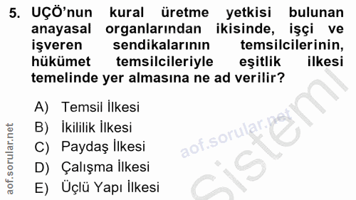 5. soru: UÇÖ'nun kural üretme yetkisi bulunan anayasal organlarından ikisinde, işçi ve işveren sendikalarının temsilcilerinin,…