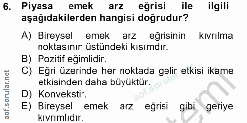 6. soru: Piyasa emek arz eğrisi ile ilgili aşağıdakilerden hangisi doğrudur? A) Bireysel emek arz eğrisinin kıvrılma noktasını…
