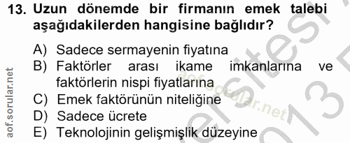 13. soru: Uzun dönemde bir firmanın emek talebi aşağıdakilerden hangisine bağlıdır? A) Sadece sermayenin fiyatına B) Faktörler…