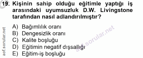 19. soru: Kişinin sahip olduğu eğitimle yaptığı iş arasındaki uyumsuzluk D.W. Livingstone tarafından nasıl adlandırılmıştır? A)…