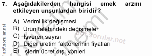 7. soru: Aşağıdakilerden hangisi emek arzını etkileyen unsurlardan biridir? A) Verimlilik değişmesi B) Ürün talebindeki değişm…