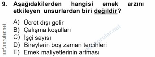 9. soru: Aşağıdakilerden hangisi emek arzını etkileyen unsurlardan biri değildir? A) Ücret dışı gelir B) Çalışma koşulları lar…