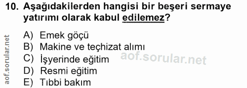 10. soru: Aşağıdakilerden hangisi bir beşeri sermaye yatırımı olarak kabul edilemez? A) Emek göçü B) Makine ve teçhizat alımı C…