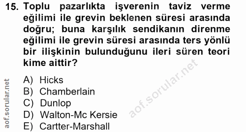 15. soru: Toplu pazarlıkta işverenin taviz verme eğilimi ile grevin beklenen süresi arasında doğru; buna karşılık sendikanın di…