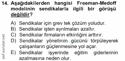 14. soru: Aşağıdakilerden hangisi Freeman-Medoff modelinin sendikalarla ilgili bir görüşü değildir? A) Sendikalar için grev tek…