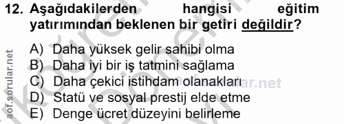12. soru: Aşağıdakilerden hangisi eğitim yatırımından beklenen bir getiri değildir? A) Daha yüksek gelir sahibi olma B) Daha iy…