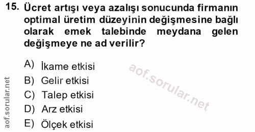 15. soru: Ücret artışı veya azalışı sonucunda firmanın optimal üretim düzeyinin değişmesine bağlı olarak emek talebinde meydana…