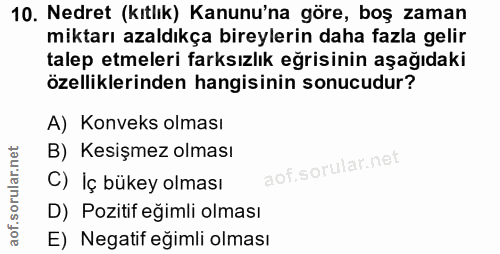 10. soru: Nedret (kıtlık) Kanunu'na göre, boş zaman miktarı azaldıkça bireylerin daha fazla gelir talep etmeleri farksızlık eğr…