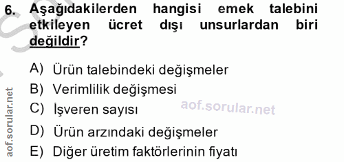 6. soru: , Aşağıdakilerden hangisi emek talebini etkileyen ücret dışı unsurlardan biri değildir? A) Ürün talebindeki değişmele…