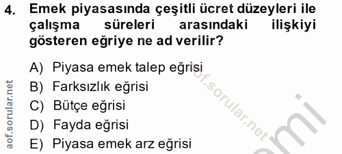 4. soru: Emek piyasasında çeşitli ücret düzeyleri ile çalışma süreleri arasındaki ilişkiyi gösteren eğriye ne ad verilir? A) P…