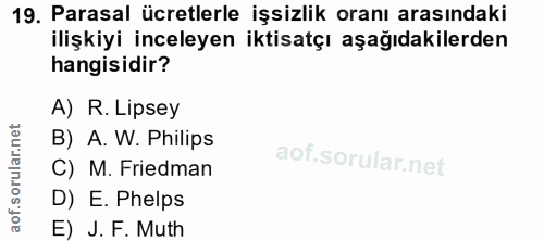19. soru: Parasal ücretlerle işsizlik oranı arasındaki ilişkiyi inceleyen iktisatçı aşağıdakilerden hangisidir? A) R. Lipsey B)…