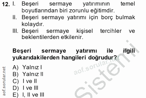 12. soru: I. Beşeri sermaye yatırımının temel boyutlarından biri zorunlu eğitimdir. II. Beşeri sermaye yatırımı için borç bulma…