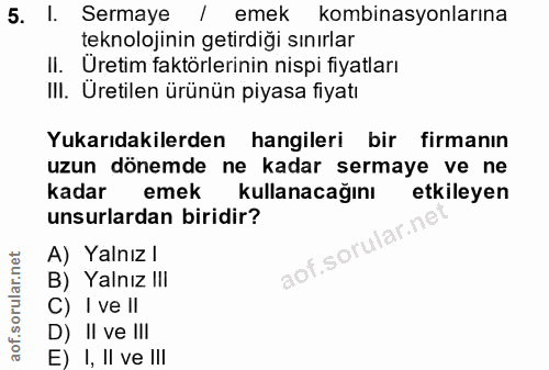 5. soru: 1. Sermaye emek kombinasyonlarına teknolojinin getirdiği sınırlar II. Üretim faktörlerinin nispi fiyatları III. Üreti…