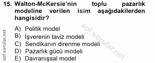 15. soru: Walton-McKersie'nin toplu pazarlık modeline verilen isim aşağıdakilerden hangisidir? A) Politik model B) İşverenin ta…