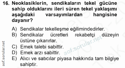 16. soru: Neoklasiklerin, sendikaların tekel gücüne sahip olduklarını ileri süren tekel yaklaşımı aşağıdaki varsayımlardan hang…