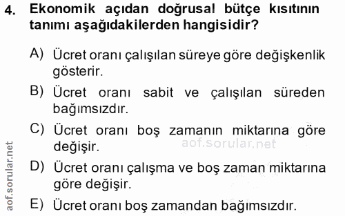 4. soru: Ekonomik açıdan doğrusal bütçe kısıtının tanımı aşağıdakilerden hangisidir? A) Ücret oranı çalışılan süreye göre deği…