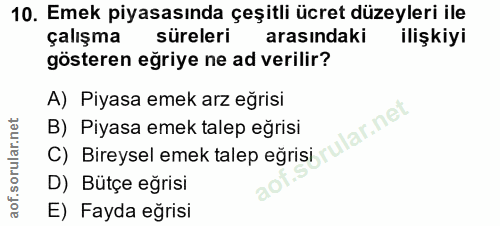 10. soru: Emek piyasasında çeşitli ücret düzeyleri ile çalışma süreleri arasındaki ilişkiyi gösteren eğriye ne ad verilir? A) P…