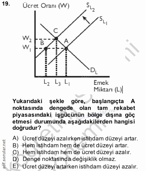 19. soru: Ucret Oranı (W) S Wz B A W, DL Emek Miktarı (L)| Yukarıdaki şekle göre, başlangıçta A noktasında dengede olan tam rek…
