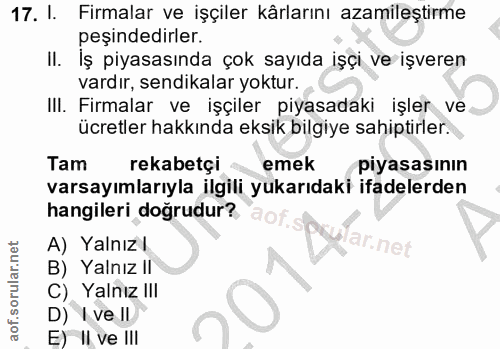 17. soru: I. Firmalar ve işçiler kârlarını azamileştirme peşindedirler. II. İş piyasasında çok sayıda işçi ve işveren vardır, s…