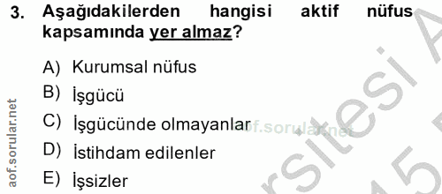 3. soru: Aşağıdakilerden hangisi aktif nüfus kapsamında yer almaz? A) Kurumsal nüfus B) İşgücü D) İstihdam edilenler E) İşsizler