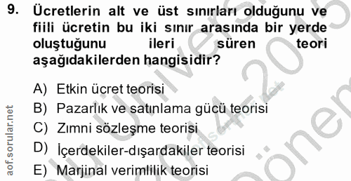 9. soru: Ucretlerin alt ve üst sınırları olduğunu ve fiili ücretin bu iki sınır arasında bir yerde oluştuğunu ileri süren teor…