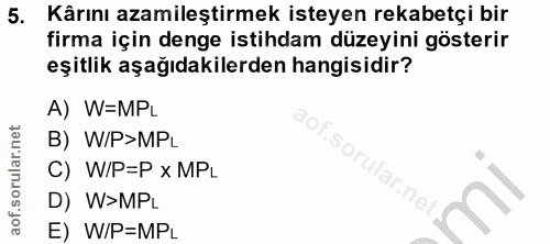5. soru: Kårını azamileştirmek isteyen rekabetçi bir firma için denge istihdam düzeyini gösterir eşitlik aşağıdakilerden hangi…